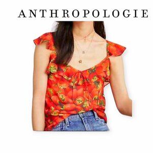 Anthropologie Strawberry Print Sleeveless Cotton Top Summer Blouse Size 6